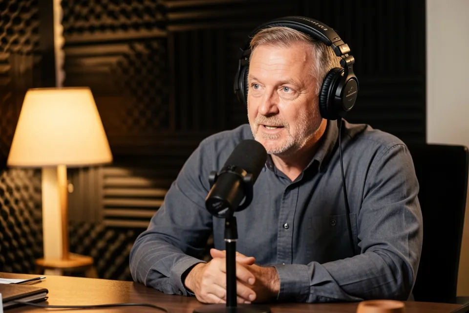 A host recording at a podcast microphone