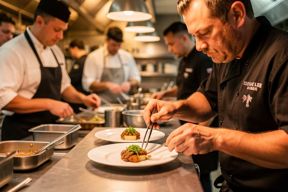 A chef plating a dish in a restaurant kitchen