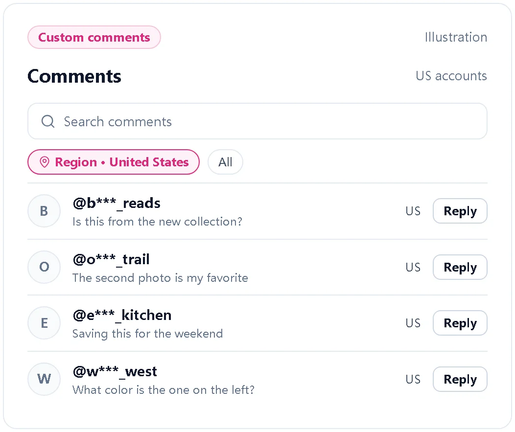 Illustration of custom comments posted by US accounts