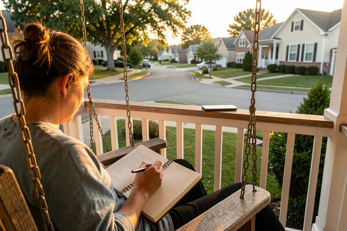 A person writing in a notebook on a porch, phone face down on the railing