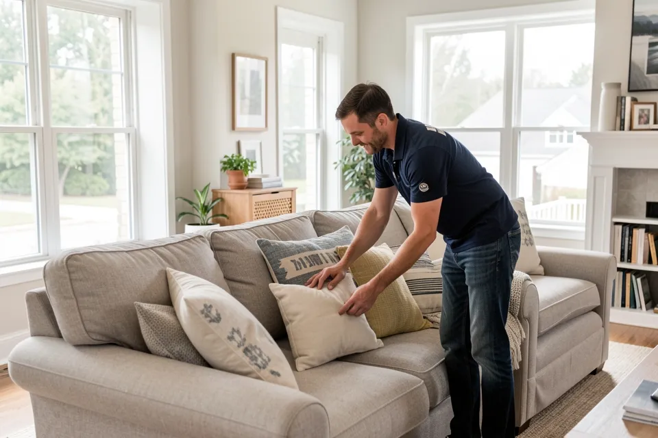 A real estate agent staging a living room