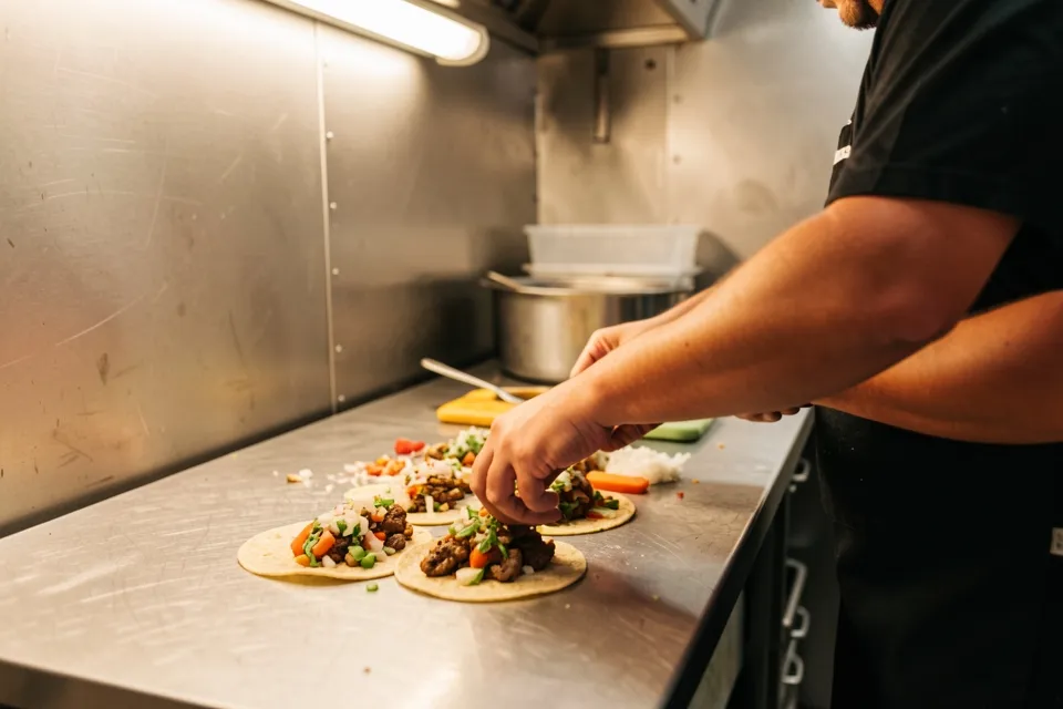 A food truck owner serving through the window