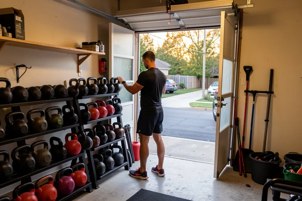 A trainer racking kettlebells in a garage gym