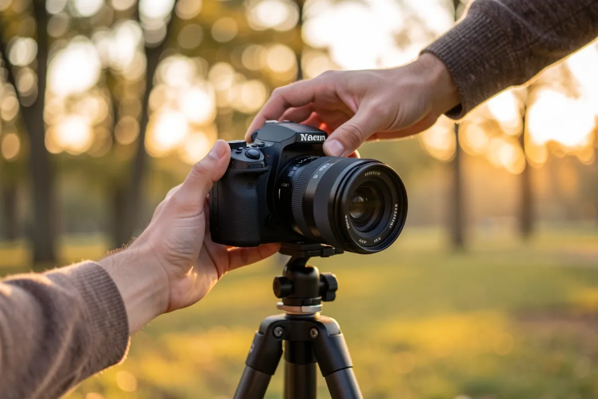 A hand adjusting a camera lens on a tripod in a park