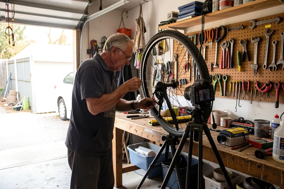 A man repairing a bicycle in his garage with a camera set up beside him
