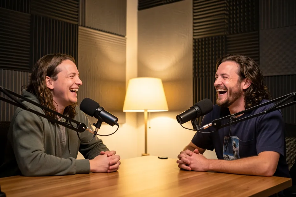 Two people recording a podcast in a small studio