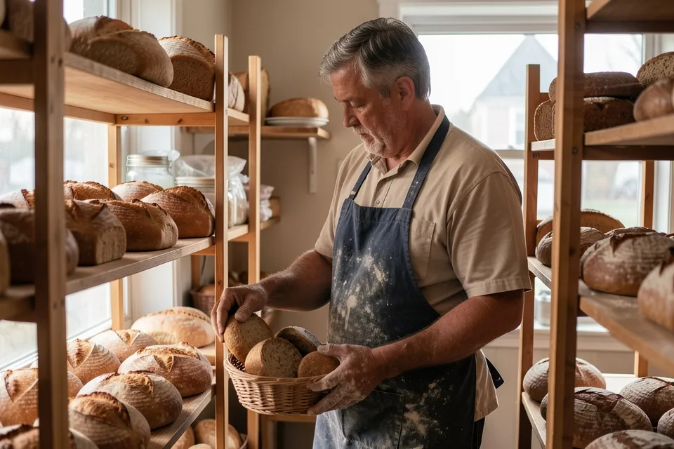 A baker arranging bread on shelves early in the morning