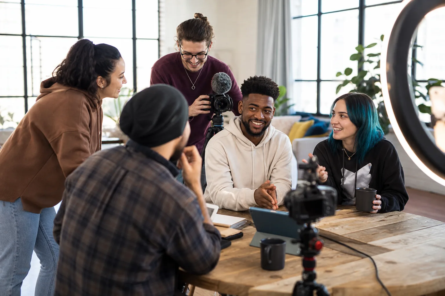 Group of creators and friends connected through social media