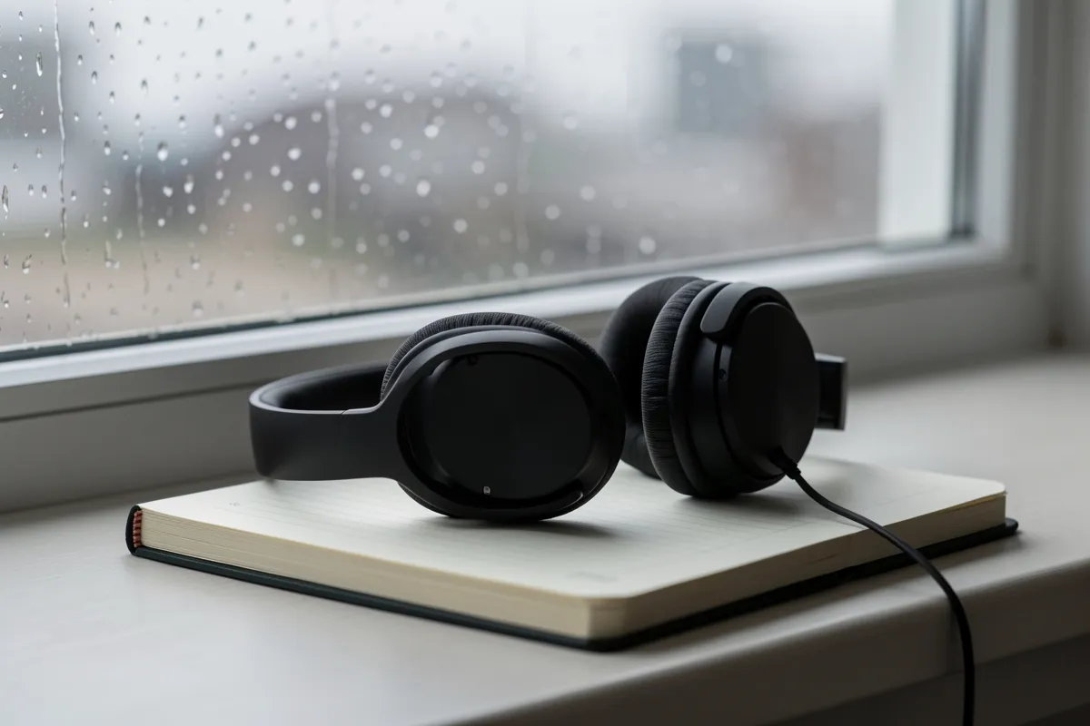 Headphones and a notebook on a rainy windowsill