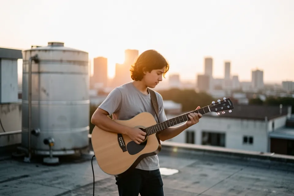 A young musician playing guitar on a rooftop at sunset