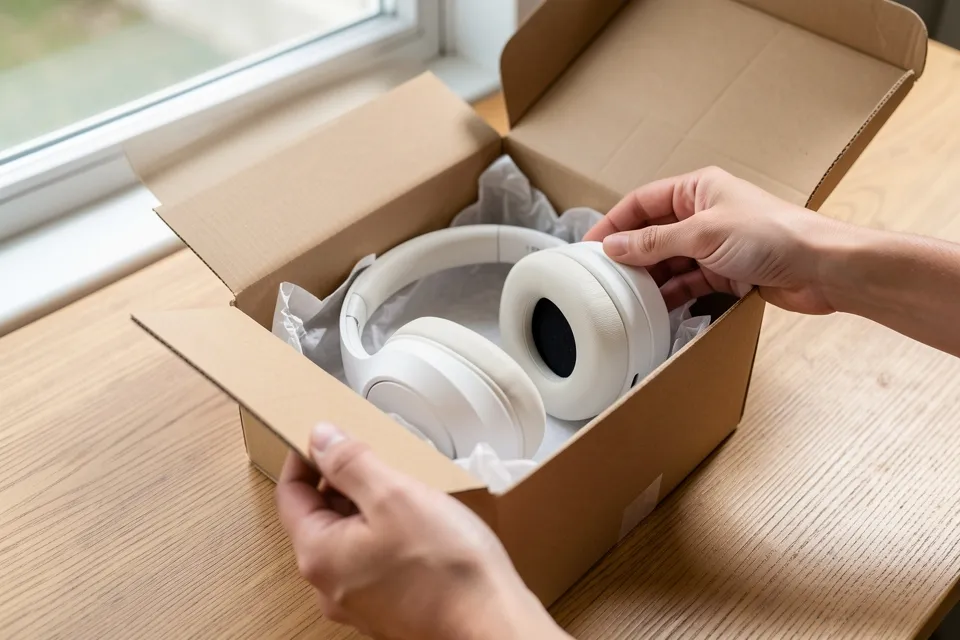 Hands unboxing a pair of headphones on a desk