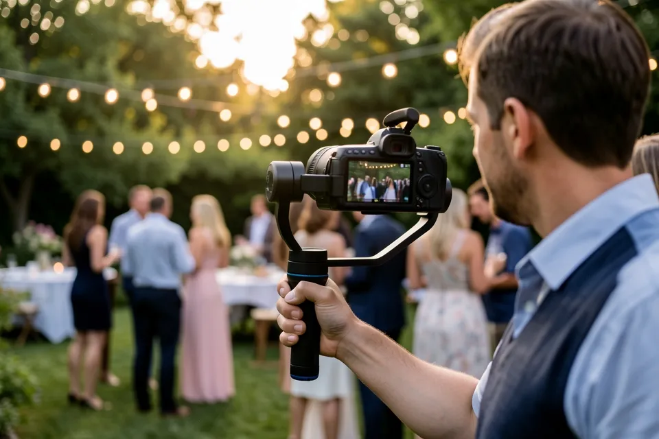A videographer filming an outdoor event with a gimbal