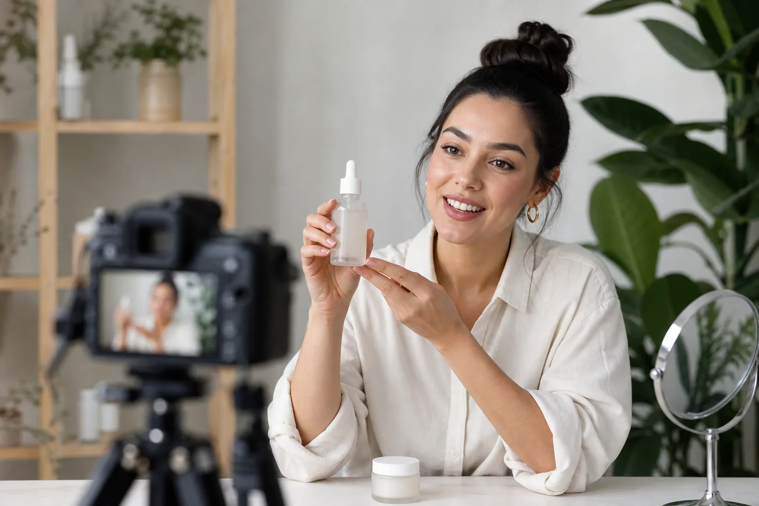 Brand creator showcasing a product on camera