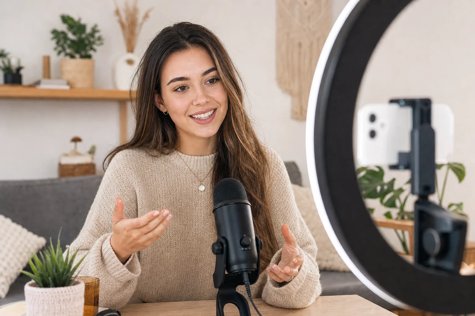 Influencer recording content with microphone and camera