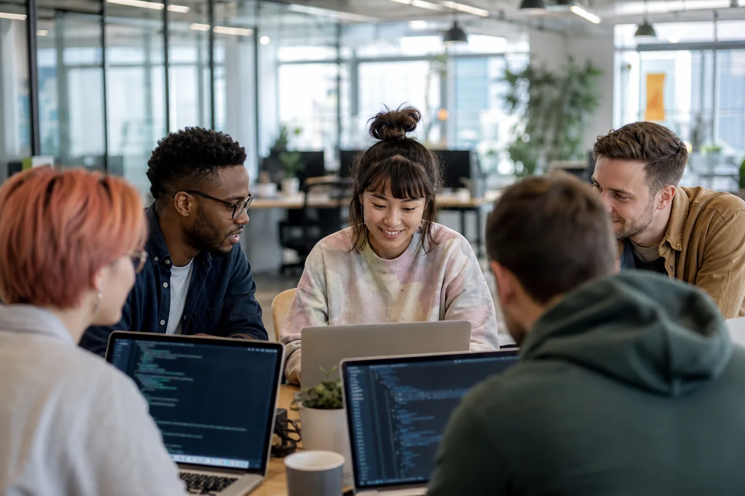 Startup team working at computers with code on screen